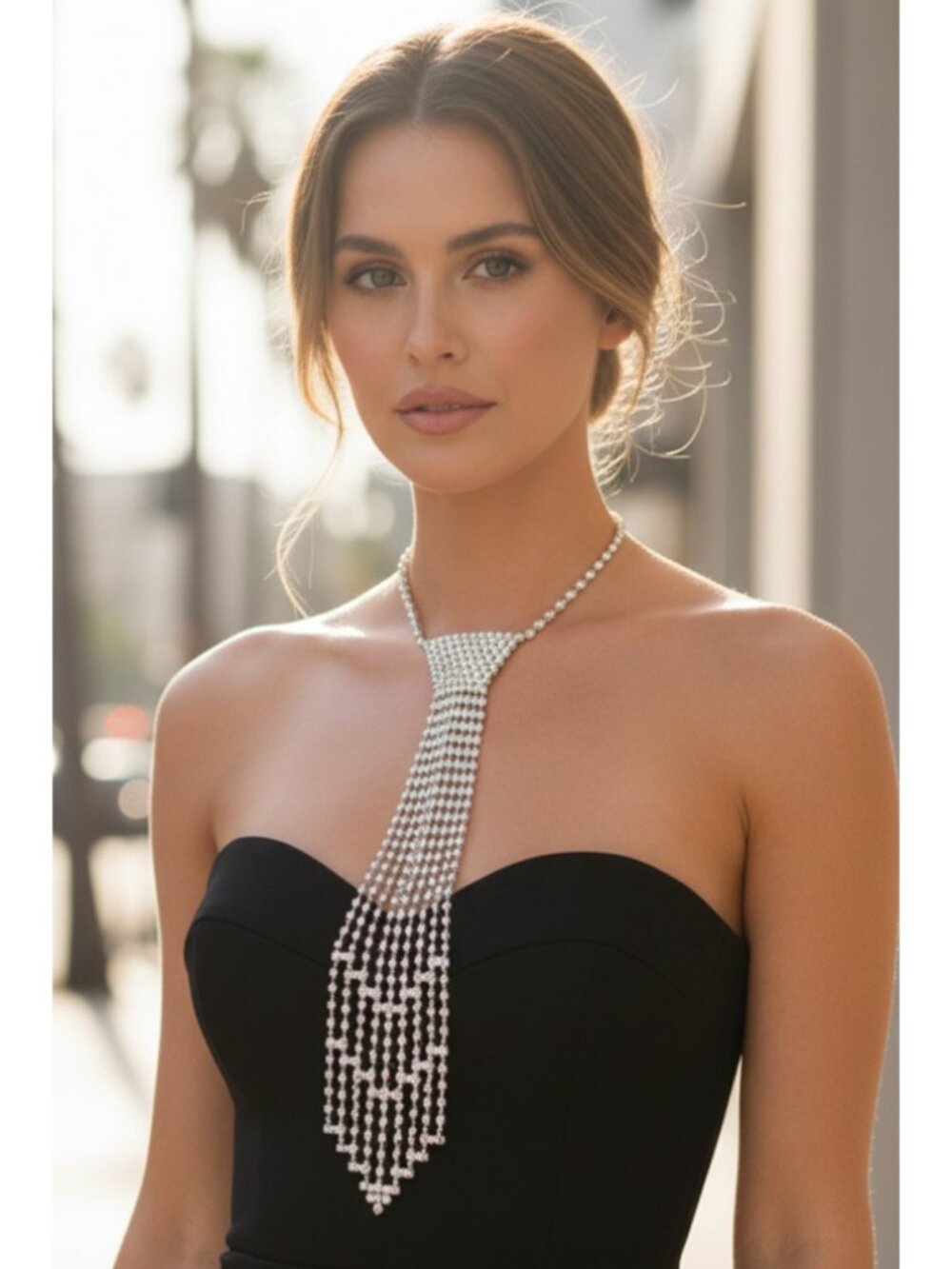 Cubic Zirconia Rhinestone Necktie Cascading Waterfall Sparkle Statement Necklace